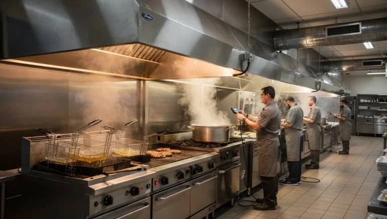 Cucina professionale con friggitrice, griglia e bollitori sotto cappe aspiranti industriali con fumi e vapori visibili
