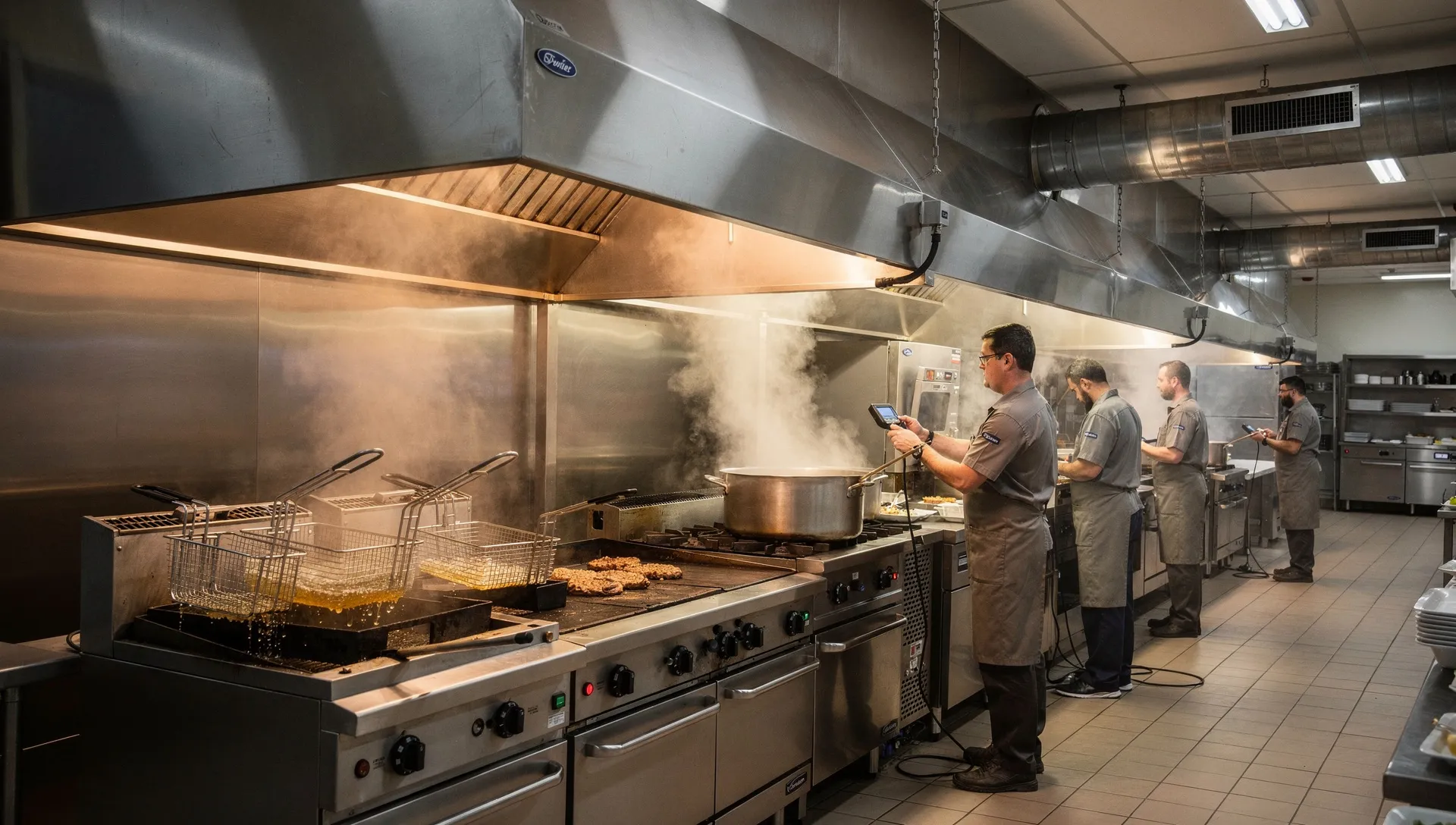 Cucina professionale con friggitrice, griglia e bollitori sotto cappe aspiranti industriali con fumi e vapori visibili