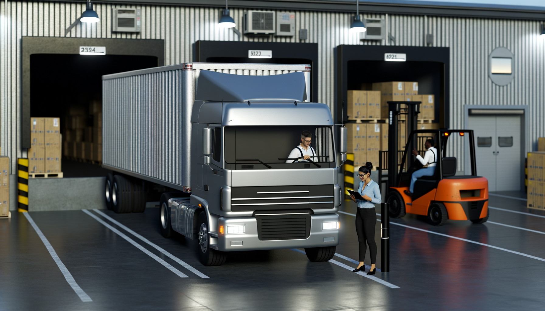 Camion fermo in attesa alla ribalta di un magazzino logistico con operatori e muletto sullo sfondo