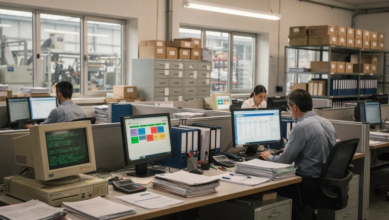 Ufficio amministrativo con terminale IBM i e monitor moderni durante la gestione della fatturazione elettronica