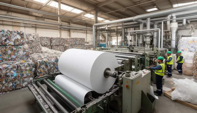 Grande bobina di carta su una linea industriale, con balle da riciclo e impianti energetici sullo sfondo
