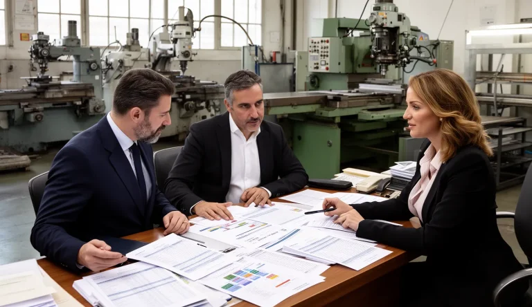 Soci e responsabile amministrativo esaminano verbali societari e dati del personale in una piccola officina meccanica
