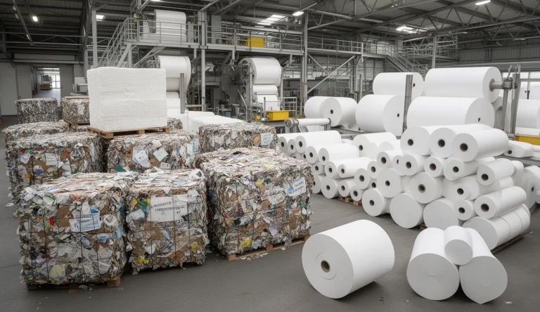 Balle di carta recuperata, fogli di fibra vergine e bobine finite disposte in uno stabilimento cartario